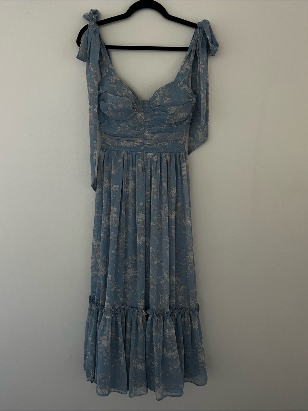 Crystal Doll Light Blue Floral Tie-Strap Midi Dress